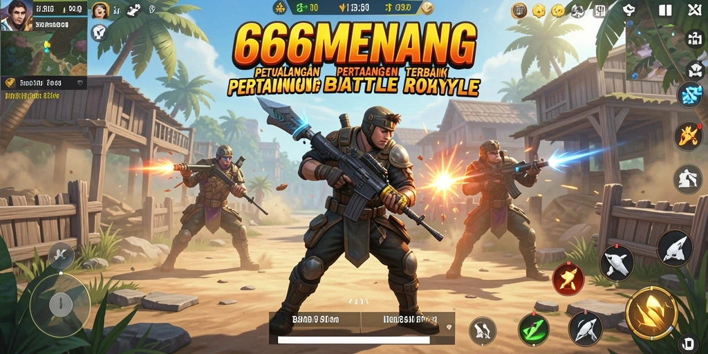 Tangkapan layar gameplay 666MENANG menampilkan aksi seru di medan pertempuran Battle Royale.