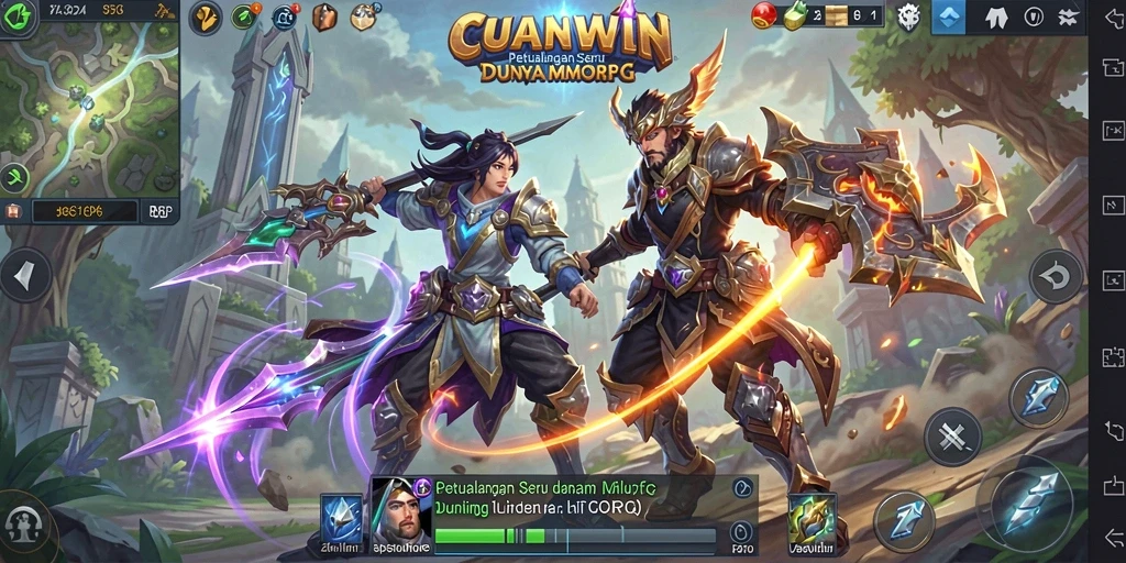 Screenshot utama CUANWIN menunjukkan aksi pertempuran seru di dunia MMORPG.