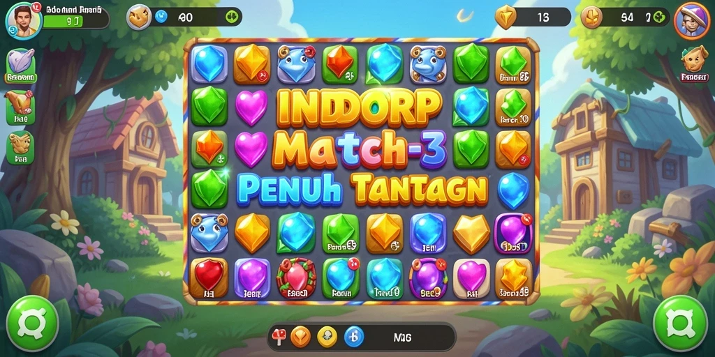 Screenshot gameplay <strong>INDORP</strong> menampilkan kombinasi warna-warni dalam tantangan Match-3.