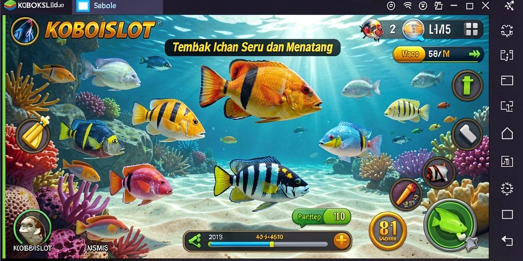 Tampilan gameplay KOBOISLOT dengan aksi Tembak Ikan yang seru.