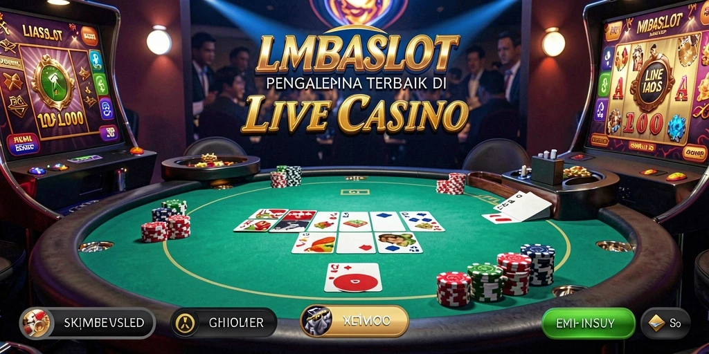 Screenshot gameplay LMBASLOT yang menunjukkan dealer dan meja permainan.
