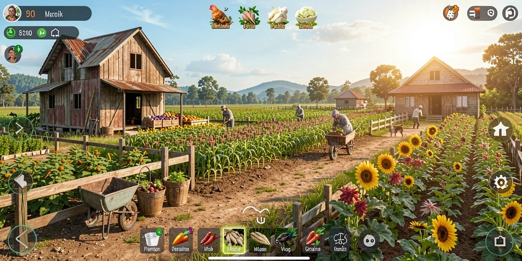 Screenshot gameplay MPO2121 menunjukkan aktivitas bertani yang seru.