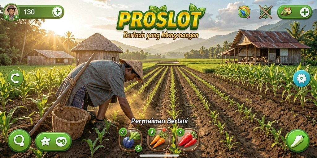 Screenshot PROSLOT menampilkan ladang hijau subur dan aktivitas menarik.
