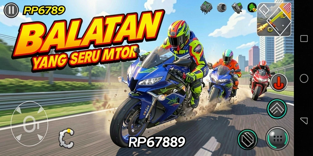 Screenshot utama RP6789 menampilkan aksi balapan motor yang mendebarkan.