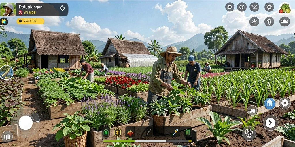 Gameplay seru RP8 menampilkan kebun yang hijau dan hewan ternak.